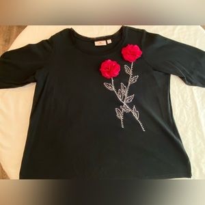Quacker Factory 1X Black 3/4-Sleeve Cotton Tunic w/Hot Pink Chiffon Peonies